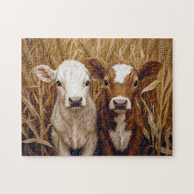 Cute Cow Calves Corn Field Jigsaw Puzzle (Horizontal)