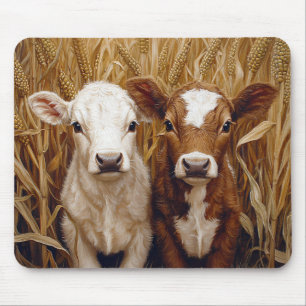 Cute Cow Calves Corn Field Mouse Mat