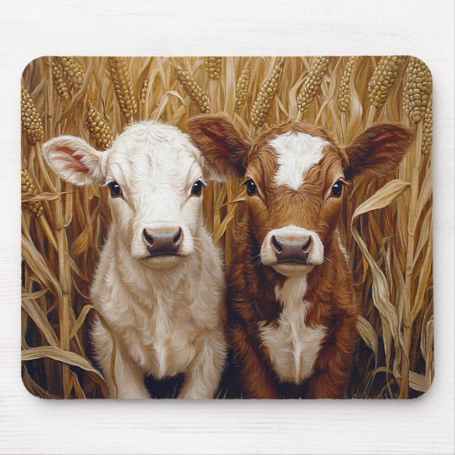 Cute Cow Calves Corn Field Mouse Mat (Front)