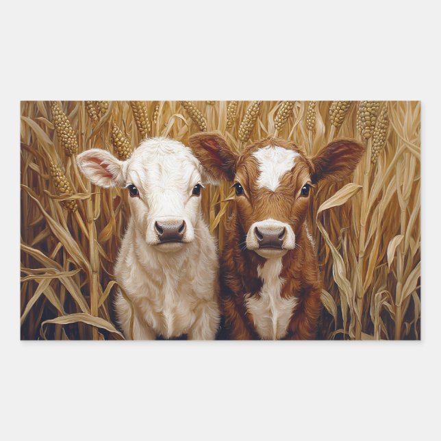 Cute Cow Calves Corn Field Rectangular Sticker (Front)