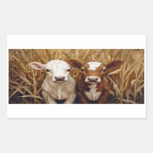 Cute Cow Calves Corn Field Rectangular Sticker