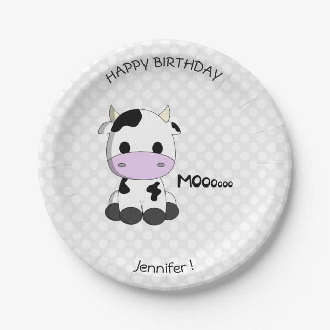 Cute cow cartoon birthday name kids paper plate (Front)