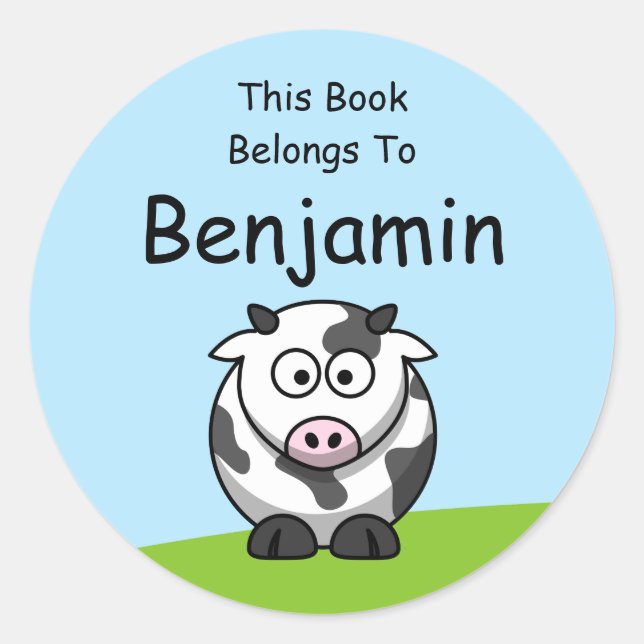 Cute Cow Cartoon This Book Belongs To Classic Round Sticker (Front)