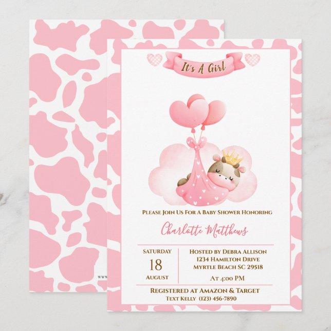 Cute Cow Cloud Balloons Baby Shower Invitation (Front/Back)