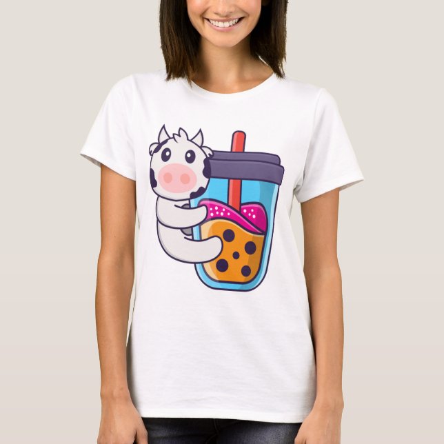 Cute cow Drinking Boba milk tea T-Shirt (Front)