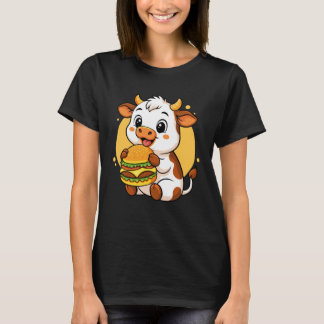 Cute Cow Eating Burger Funny Kawaii Animal Food Lo T-Shirt