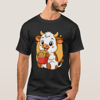 Cute Cow Eating Fries Funny Kawaii Animal Food Lov T-Shirt