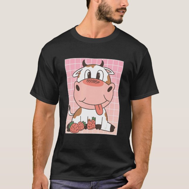 Cute Cow Eating Strawberries T-Shirt (Front)