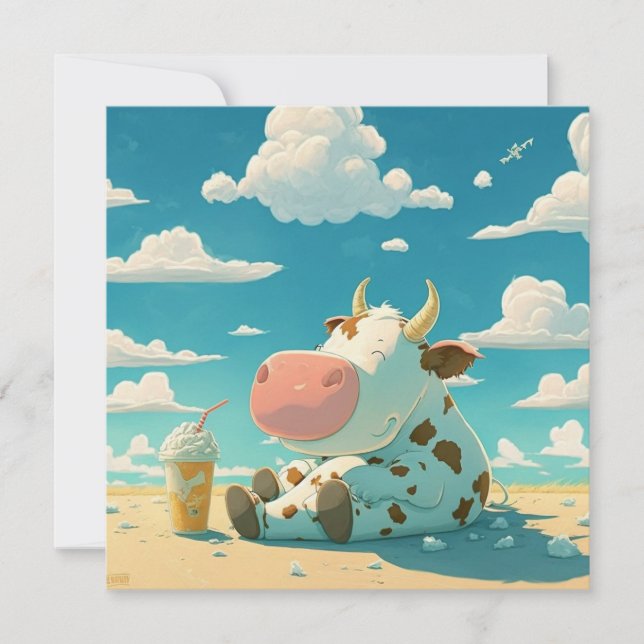 Cute cow enjoying a milkshake card (Front)