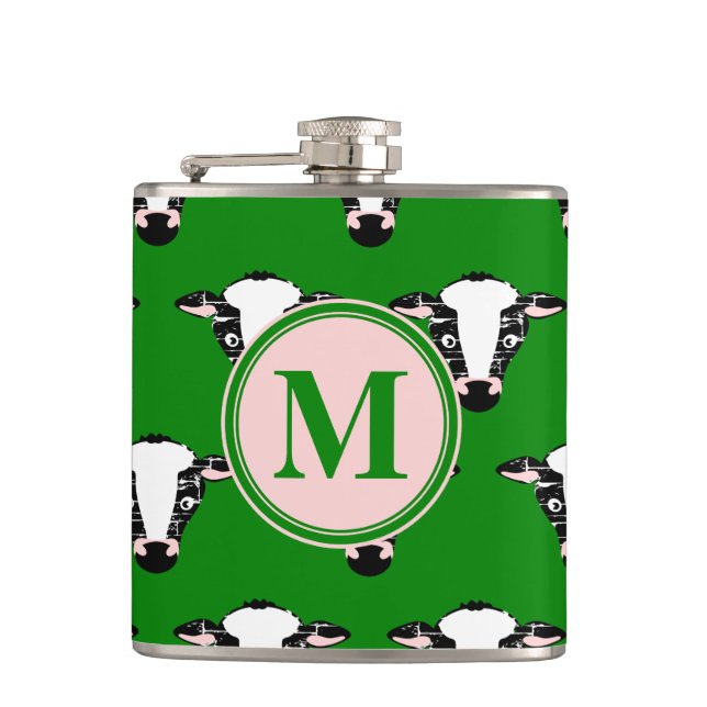 Cute Cow Face Monogram Hip Flask (Front)