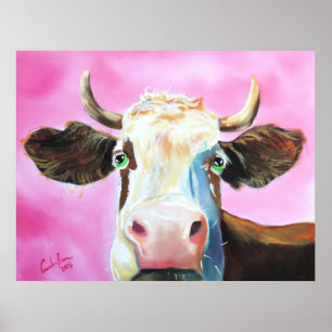 Cute cow face portrait painting poster