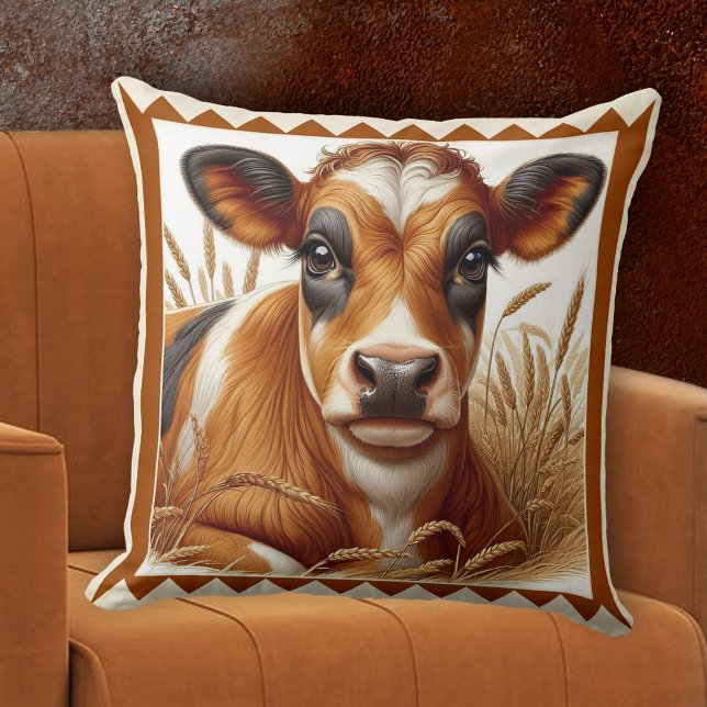 Cute Cow Farm Animal Art Cushion (Pillow featuring a painting of a cute cow lying in a field of wheat - farm animal - rustic - nature)