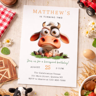 Cute Cow Farm Animals 2nd Birthday Party Invitation