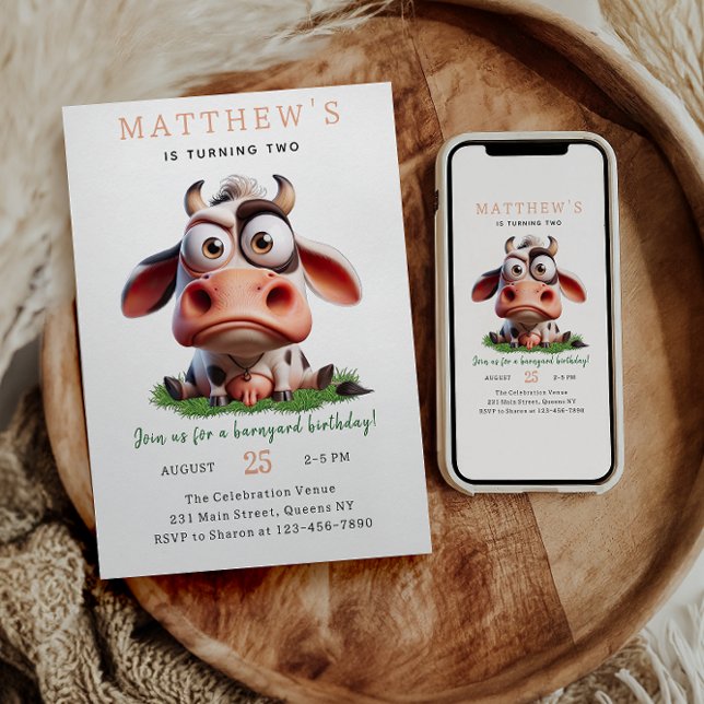 Cute Cow Farm Animals 2nd Birthday Party Invitation (Creator Uploaded)