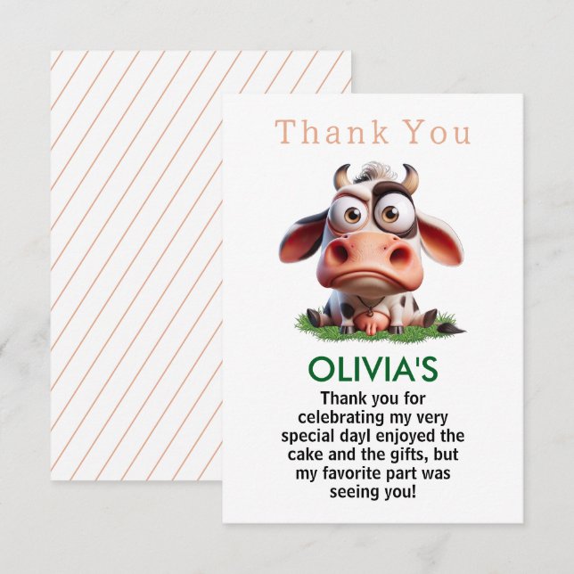 Cute Cow Farm Animals 2nd Birthday Party Thank You Card (Front/Back)
