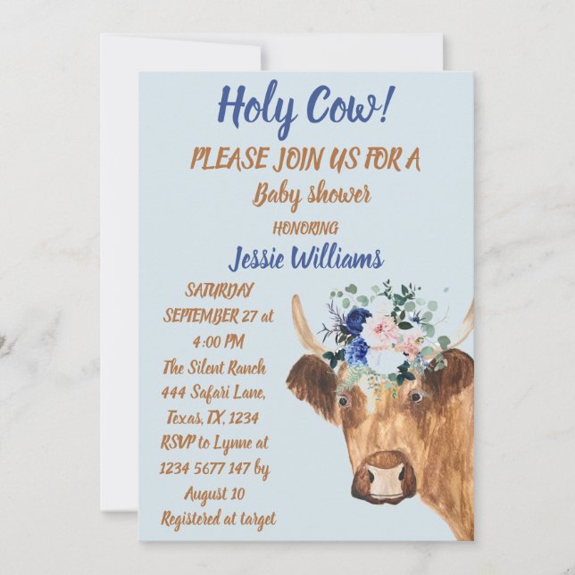 Cute Cow Farm Country Baby Boy Western Floral Invitation (Front)