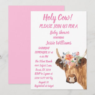 Cute Cow Farm Country Baby Girl Western Floral  In Invitation