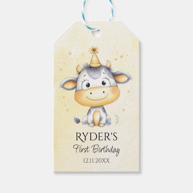 Cute Cow First Birthday Favour Tags (Front)