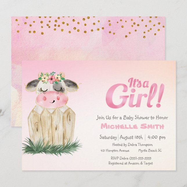 Cute Cow Floral Pink Gold  Invitation (Front/Back)