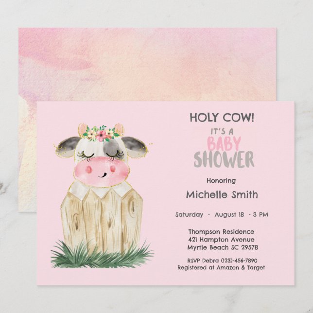 Cute Cow Floral Pink Gold  Invitation (Front/Back)