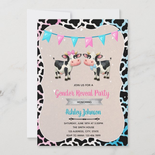 Cute cow gender reveal invitation (Front)