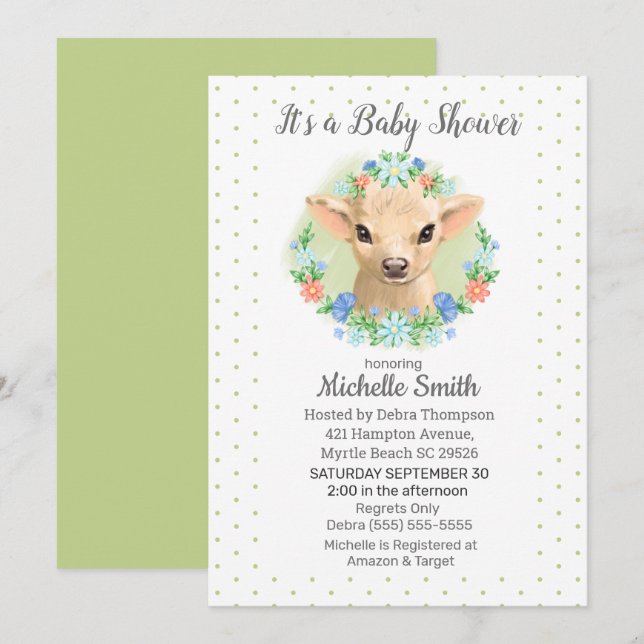 Cute Cow Green Neutral Floral Baby Shower  Invitation (Front/Back)