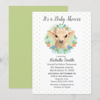 Cute Cow Green Neutral Floral Baby Shower  Invitation