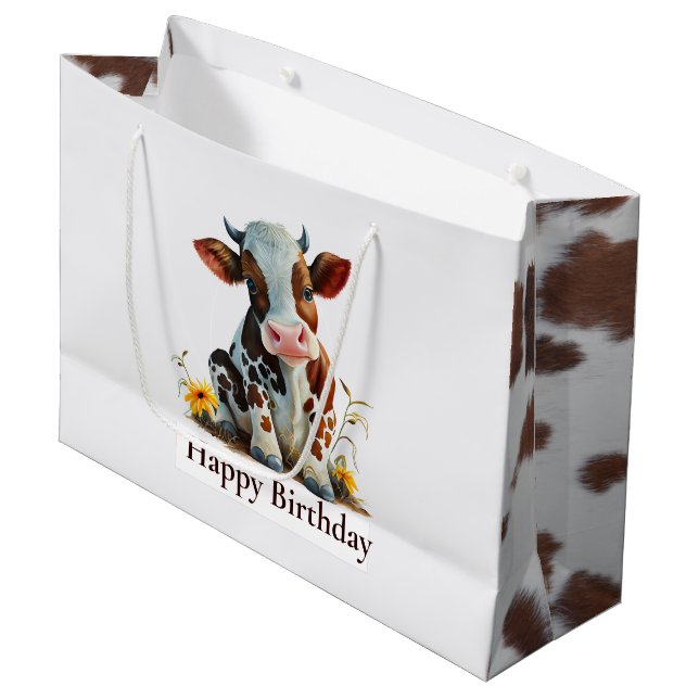 Cute Cow Happy Birthday White Large Gift Bag (Front Angled)