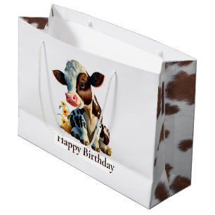 Cute Cow Happy Birthday White Large Gift Bag