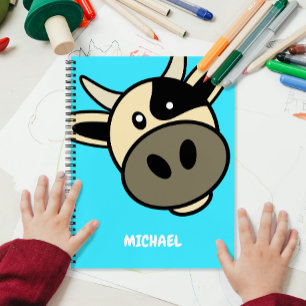 Cute Cow Head   Simple Cartoon Name Monogram Blue Notebook