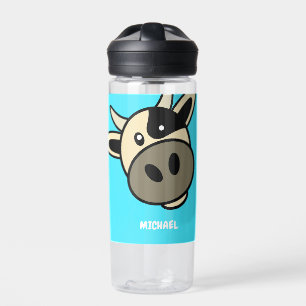 Cute Cow Head Simple Cartoon Name Monogram Water Bottle