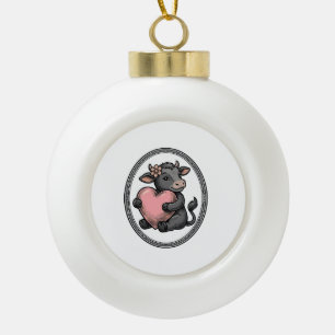 Cute Cow Heart Vintage Engraving Farm Shirt Ceramic Ball Christmas Ornament