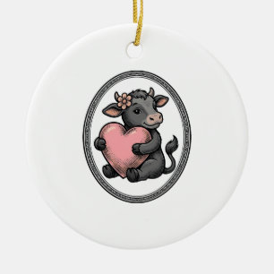 Cute Cow Heart Vintage Engraving Farm Shirt Ceramic Tree Decoration