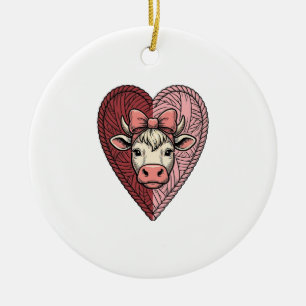 Cute Cow Heart Yarn Vintage Engraving Design_1 Ceramic Tree Decoration