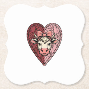 Cute Cow Heart Yarn Vintage Engraving Design_1 Paper Coaster