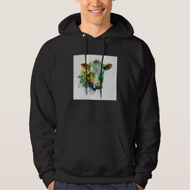 Cute Cow Illustration Flowers Laefy Green Women Me Hoodie (Front)