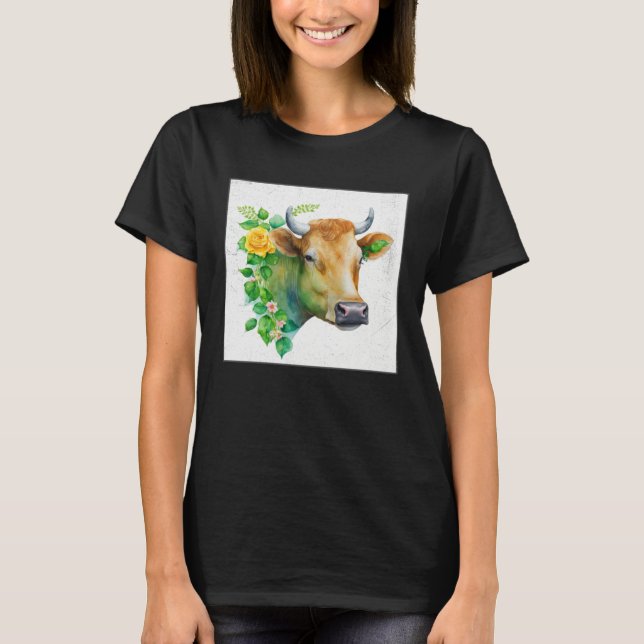Cute Cow Illustration Flowers Laefy Green Women Me T-Shirt (Front)