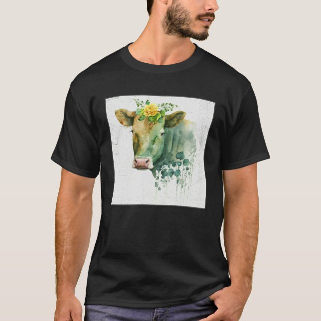 Cute Cow Illustration Flowers Laefy Green Women Me T-Shirt (Front)