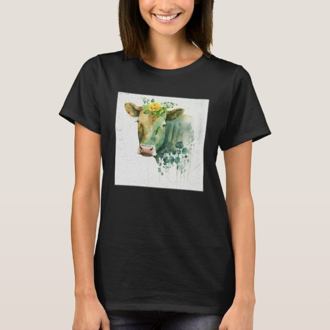 Cute Cow Illustration Flowers Laefy Green Women Me T-Shirt (Front)