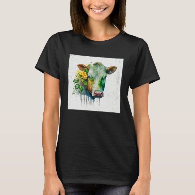 Cute Cow Illustration Flowers Laefy Green Women Me T-Shirt (Front)