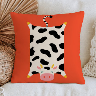 Cute Cow Illustration on Burnt Orange Quirky  Cushion