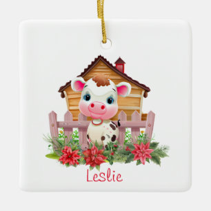 Cute Cow in a Barn Christmas Personalized Name Ceramic Ornament