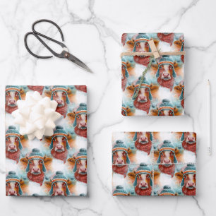 Cute Cow In A Toboggan Wrapping Paper Sheet