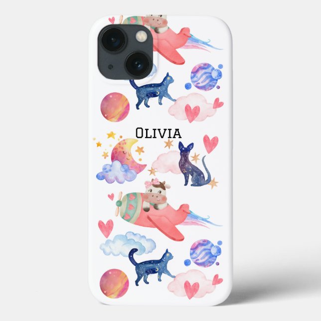 Cute Cow in Aeroplane,Space, Cats, Moon,Stars Case-Mate iPhone Case (Back)