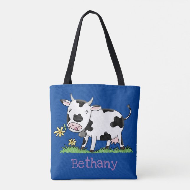 Cute cow in field cartoon illustration tote bag (Back)