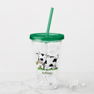 Cute cow in green field cartoon illustration acrylic tumbler