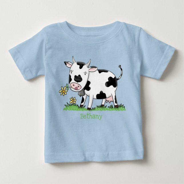 Cute cow in green field cartoon illustration baby T-Shirt (Front)