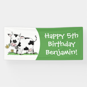 Cute cow in green field cartoon illustration banner