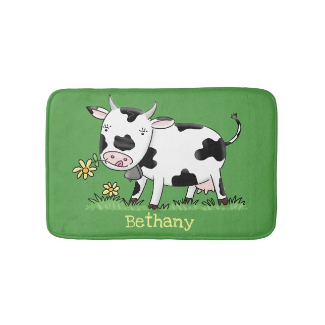 Cute cow in green field cartoon illustration bath mat (Front)