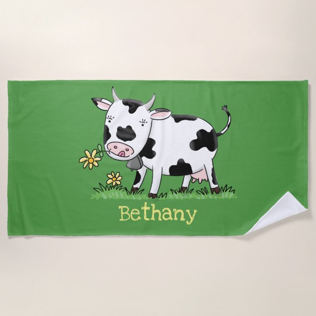 Cute cow in green field cartoon illustration beach towel (Front)